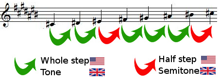 whole steps and half steps in C sharp major scale