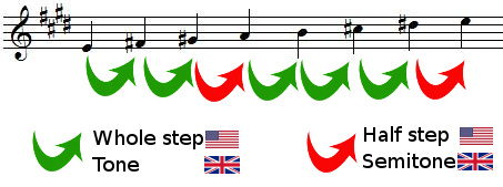 whole steps and half steps in E major scale