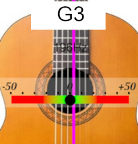 guitar tuner screen for note G, reference frequency 442 Hertz