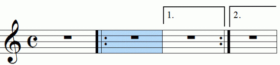 Repeat signs with first and second endings, animation frame 3