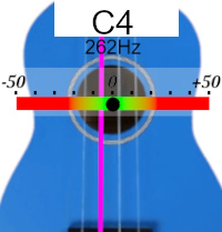 Ukulele tuner screen for the note C4, reference frequency 442 Hertz