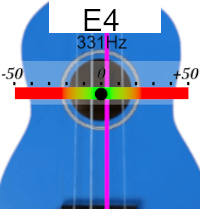 Ukulele tuner screen for the note E4, reference frequency 442 Hertz