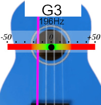 Ukulele tuner screen for the note G3, reference frequency 442 Hertz